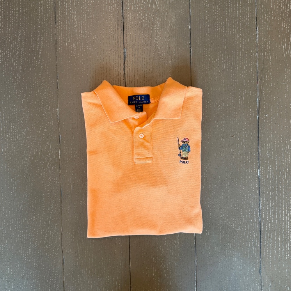 Polo Ralph Lauren Boys’ (L) • Orange “Cotton Mesh Polo” • Fishing Polo Bear Logo